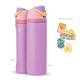 Front and back view of the Rapunzel 24oz Owala FreeSip bottle with Rapunzel-themed stickers, showcasing all included items.